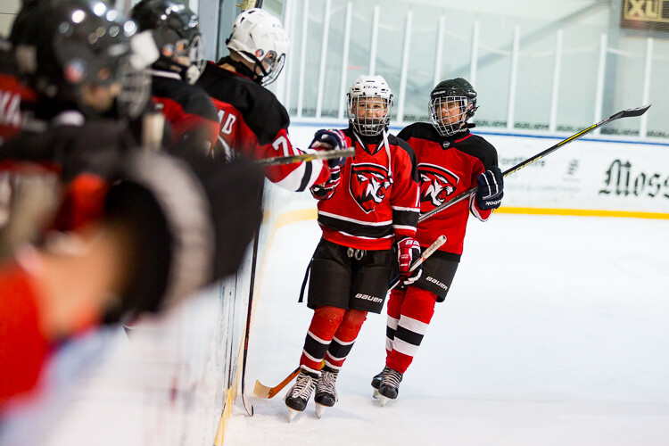 The edited image of hockey players celebrating after a goal - Tips for Editing Hockey Photos in Lightroom